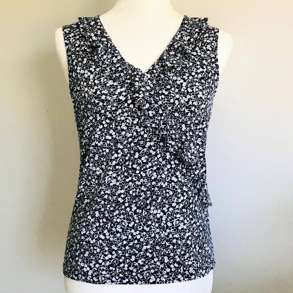 Chaps Classic Black White Sleeveless Ruffle Top